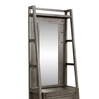 2 Pc Hall Tree Set with Oak Framed Mirror and Storage Drawer - Charcoal