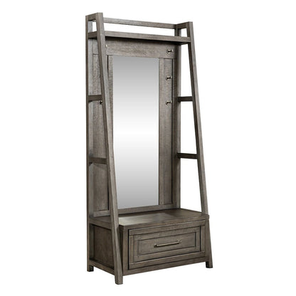 2 Pc Hall Tree Set with Oak Framed Mirror and Storage Drawer - Charcoal