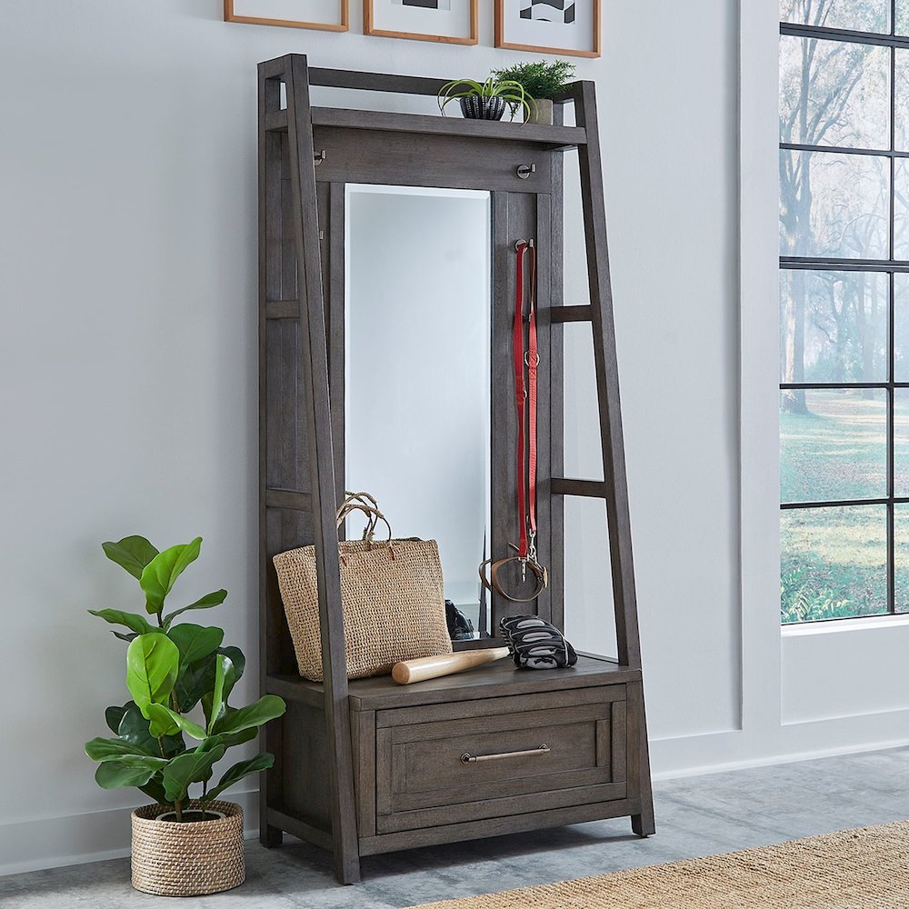 2 Pc Hall Tree Set with Oak Framed Mirror and Storage Drawer - Charcoal