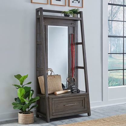 2 Pc Hall Tree Set with Oak Framed Mirror and Storage Drawer - Charcoal