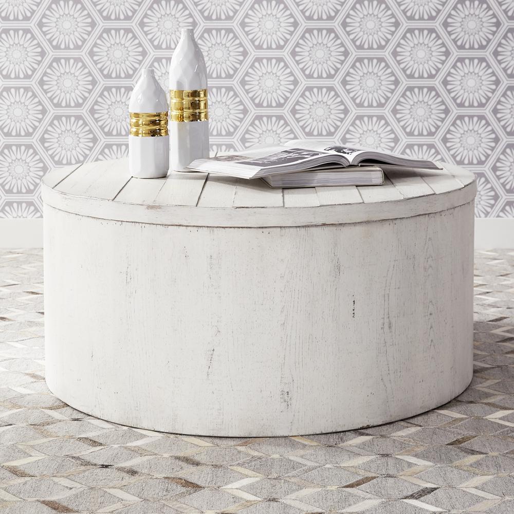 Modern Farmhouse Drum Cocktail Table in Flea Market White w/ Heavy Distressing