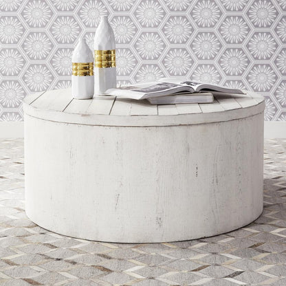 Modern Farmhouse Drum Cocktail Table in Flea Market White w/ Heavy Distressing