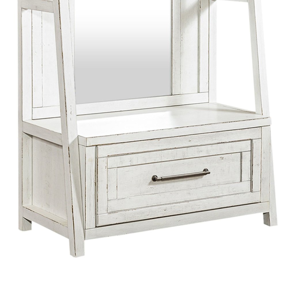 2 Pc Hall Tree Set with Oak Framed Mirror and Storage Drawer - Distressed White