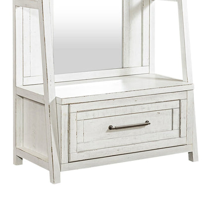 2 Pc Hall Tree Set with Oak Framed Mirror and Storage Drawer - Distressed White