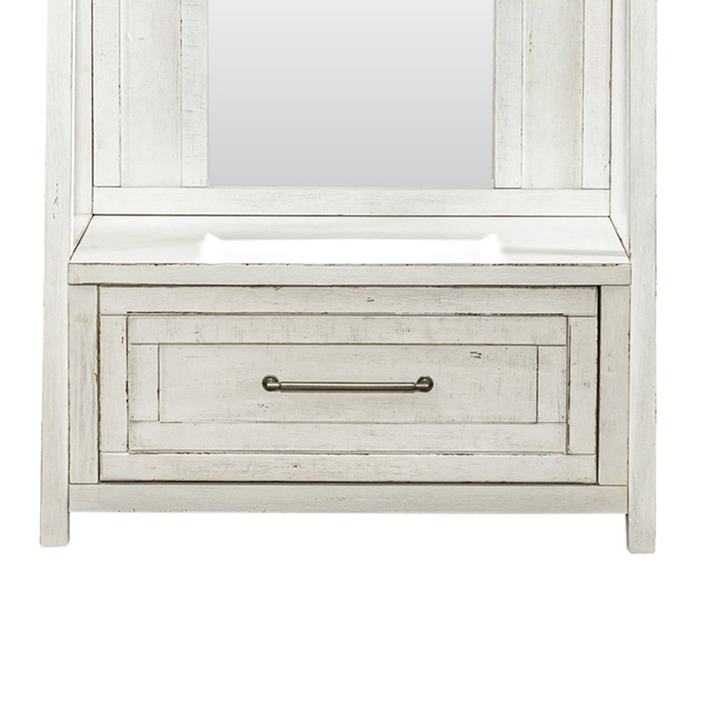 2 Pc Hall Tree Set with Oak Framed Mirror and Storage Drawer - Distressed White