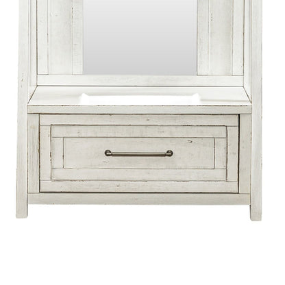 2 Pc Hall Tree Set with Oak Framed Mirror and Storage Drawer - Distressed White