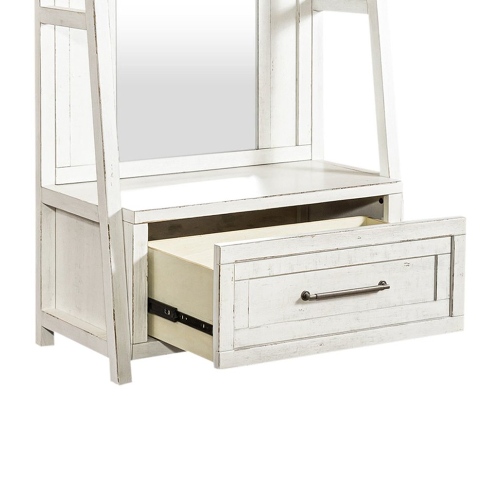 2 Pc Hall Tree Set with Oak Framed Mirror and Storage Drawer - Distressed White