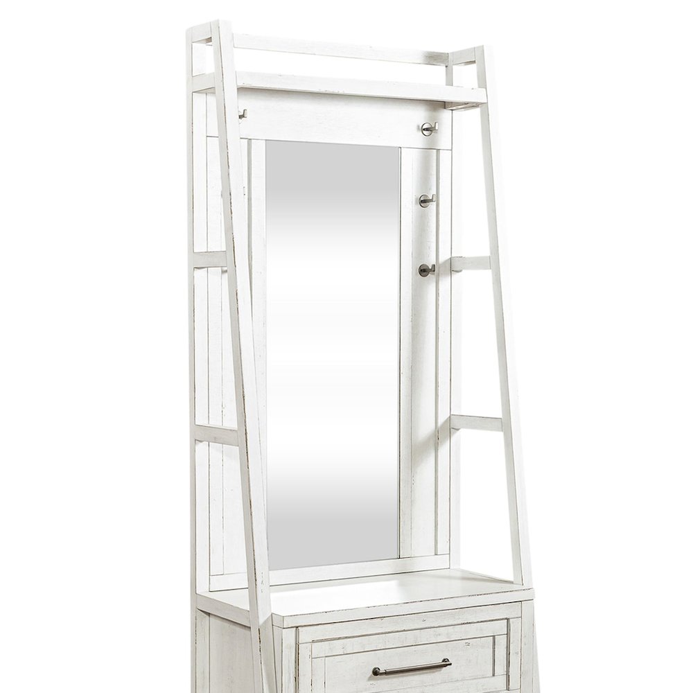 2 Pc Hall Tree Set with Oak Framed Mirror and Storage Drawer - Distressed White