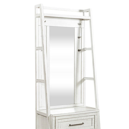 2 Pc Hall Tree Set with Oak Framed Mirror and Storage Drawer - Distressed White