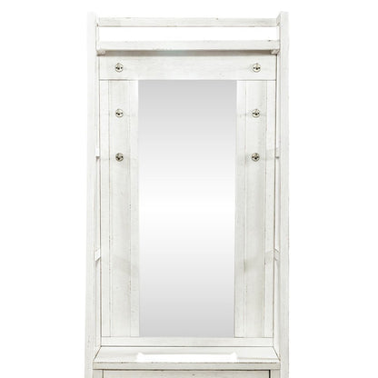 2 Pc Hall Tree Set with Oak Framed Mirror and Storage Drawer - Distressed White