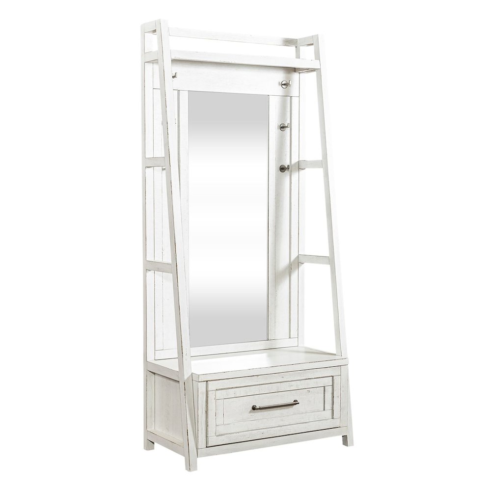 2 Pc Hall Tree Set with Oak Framed Mirror and Storage Drawer - Distressed White