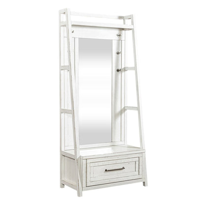2 Pc Hall Tree Set with Oak Framed Mirror and Storage Drawer - Distressed White
