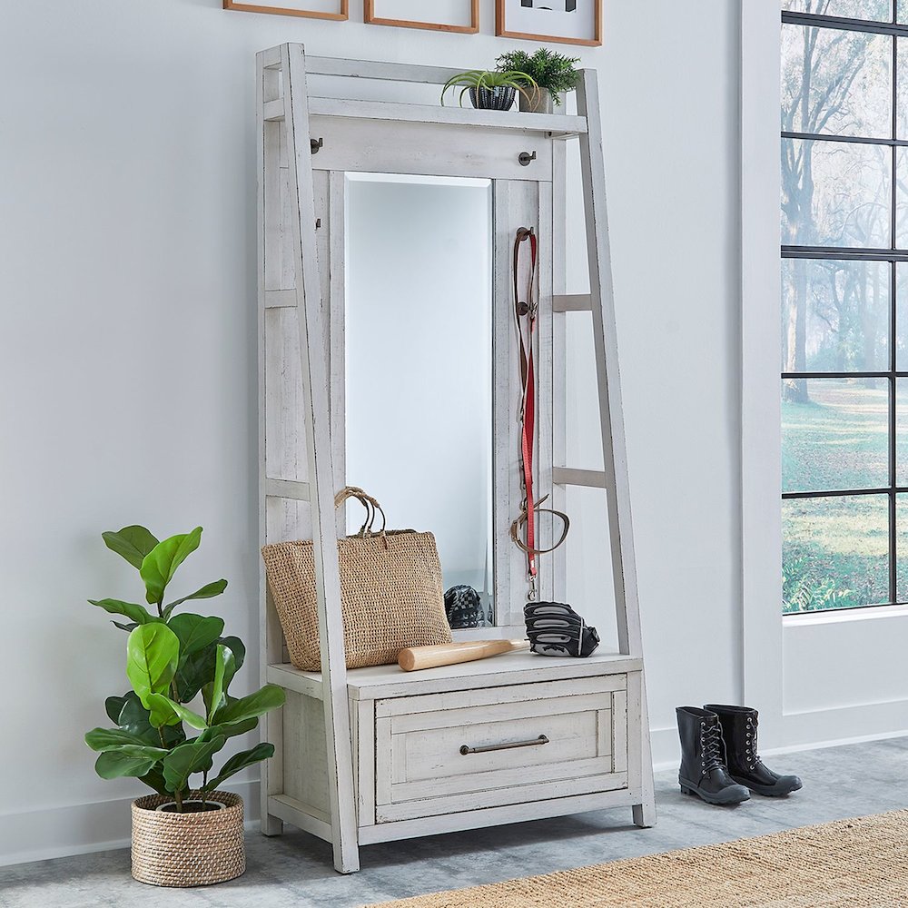 2 Pc Hall Tree Set with Oak Framed Mirror and Storage Drawer - Distressed White