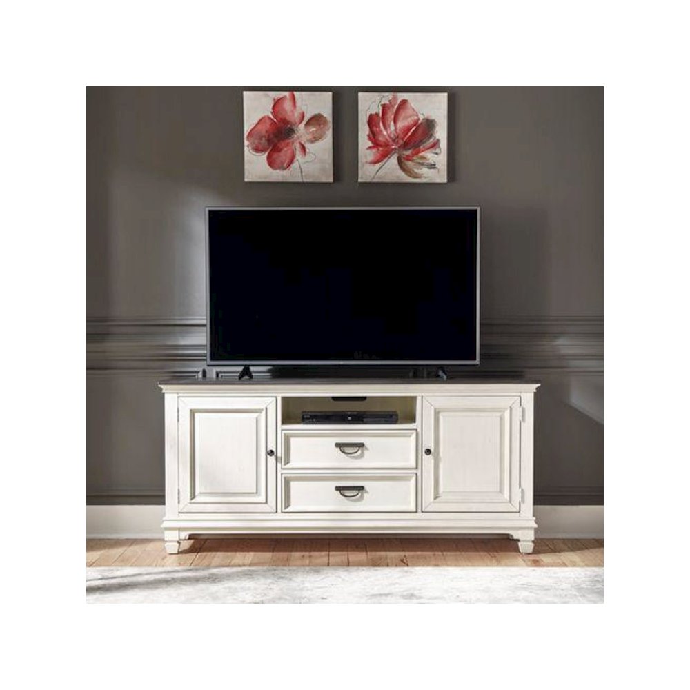 Allyson Park 66 Inch TV Console in Wirebrushed White w/ Charcoal Top