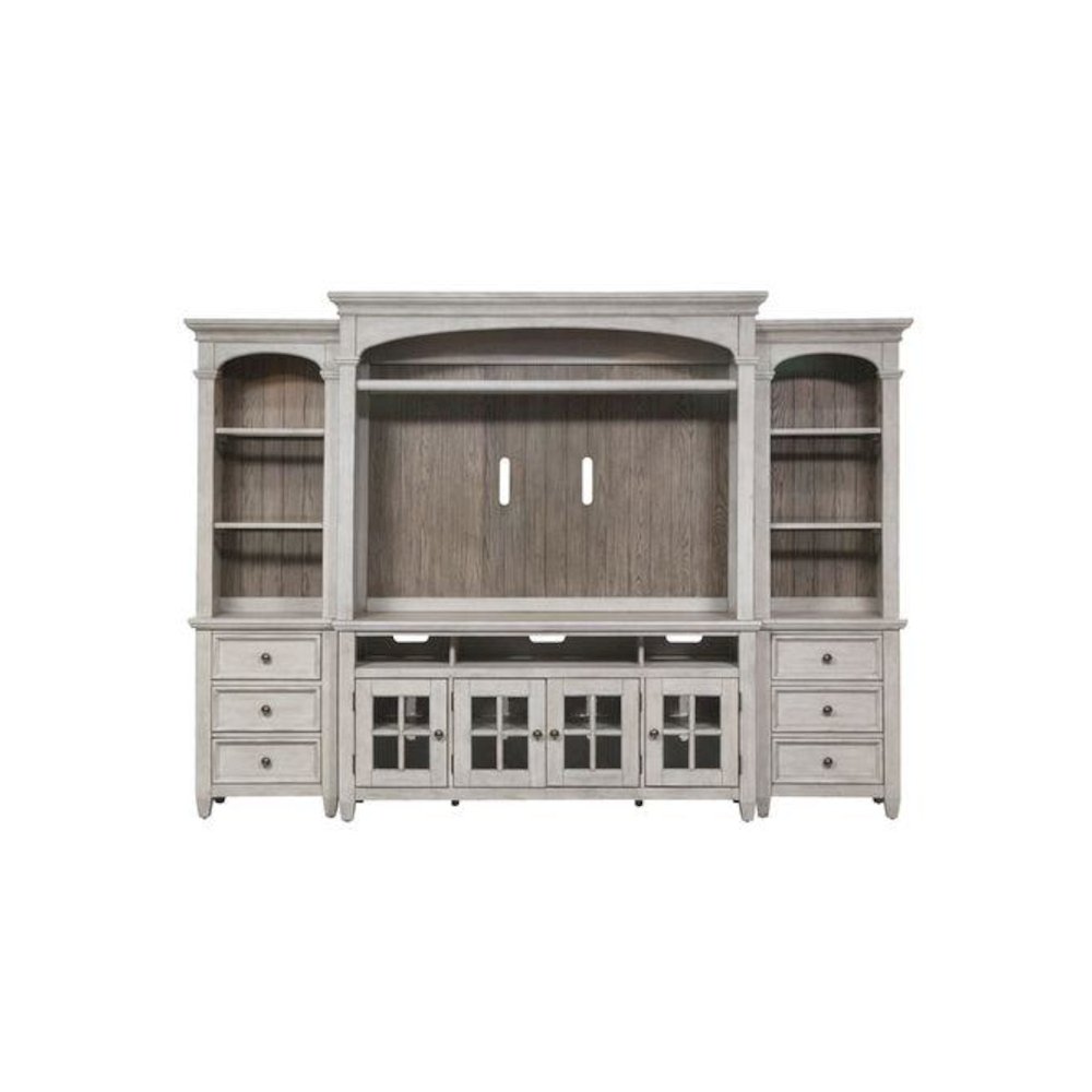 Heartland Entertainment Center with Piers in Antique White w/ Tobacco Top