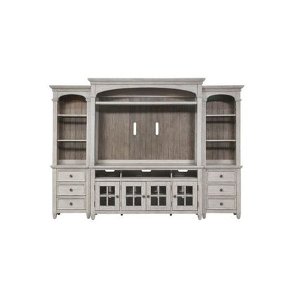Heartland Entertainment Center with Piers in Antique White w/ Tobacco Top