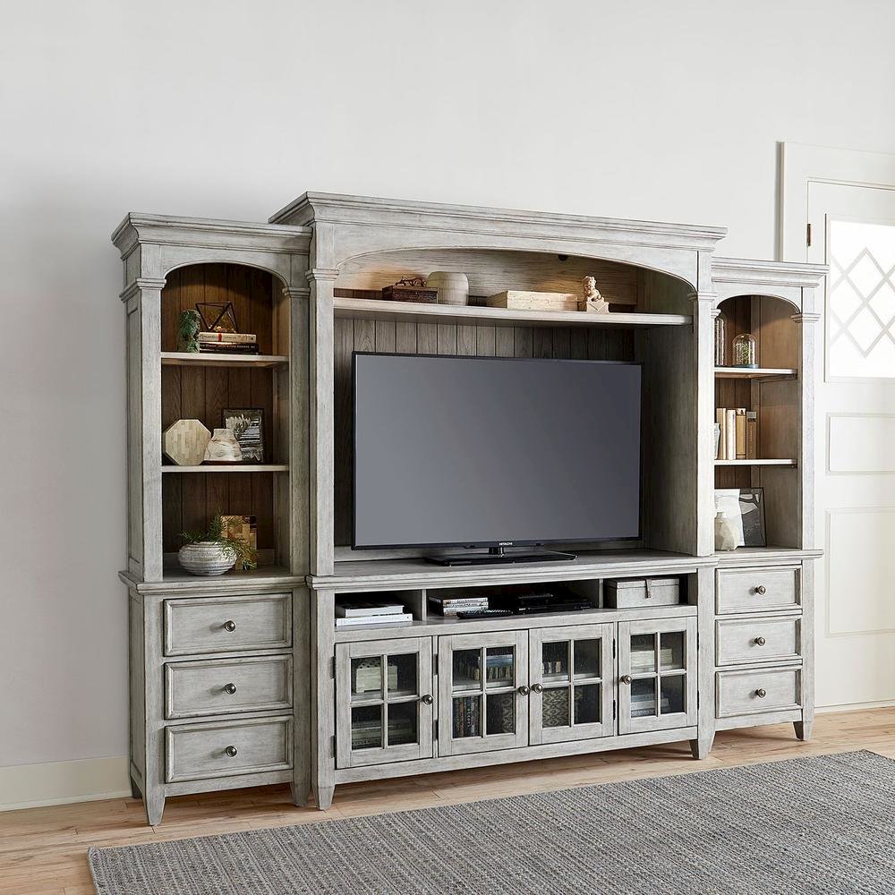 Heartland Entertainment Center with Piers in Antique White w/ Tobacco Top