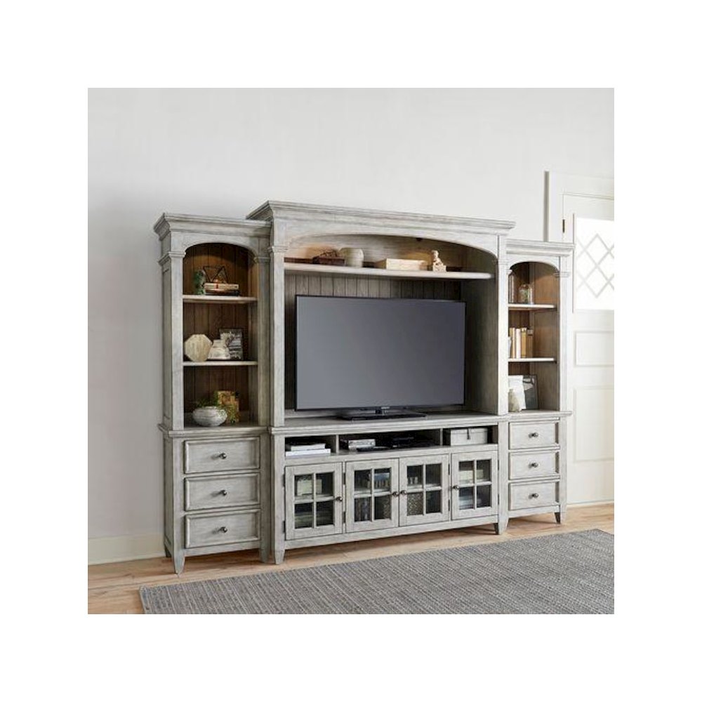 Heartland Entertainment Center with Piers in Antique White w/ Tobacco Top