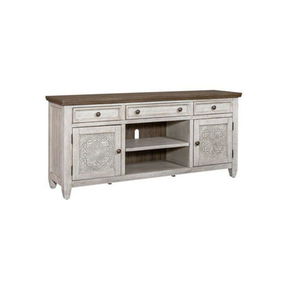 Heartland 66 Inch Tile TV Console in Antique White w/ Tobacco Top