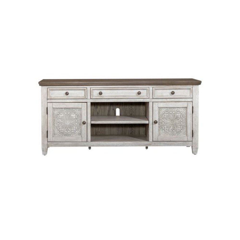 Heartland 66 Inch Tile TV Console in Antique White w/ Tobacco Top