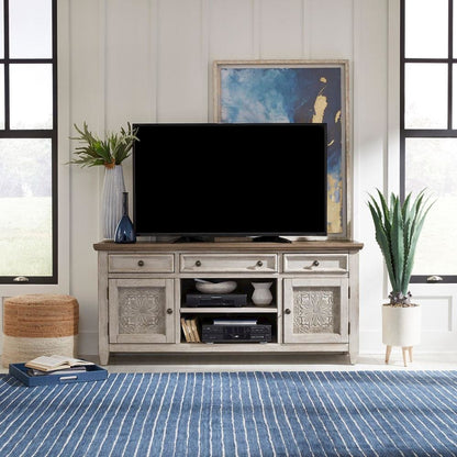Heartland 66 Inch Tile TV Console in Antique White w/ Tobacco Top