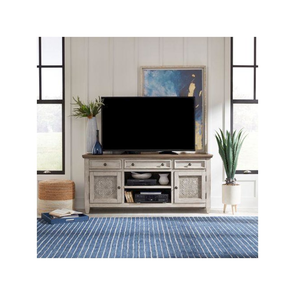 Heartland 66 Inch Tile TV Console in Antique White w/ Tobacco Top