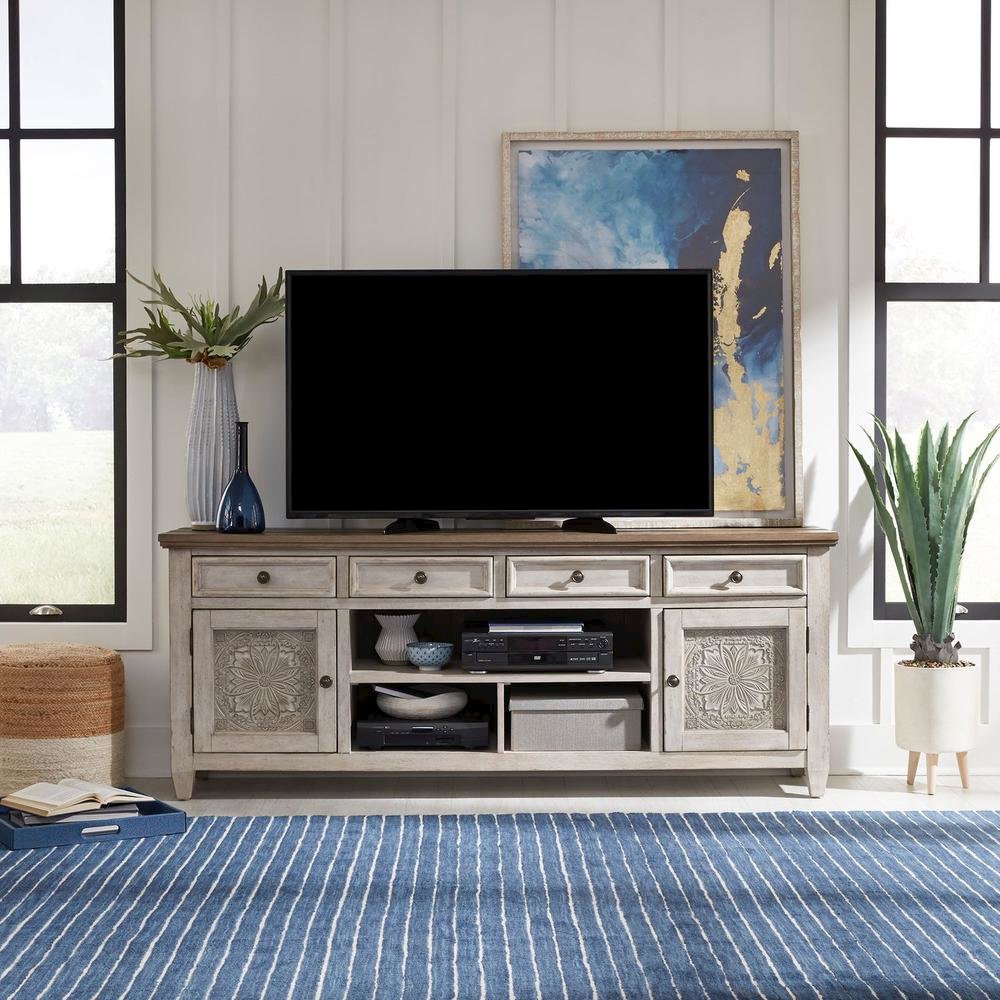 Heartland 76 Inch Tile TV Console in Antique White w/ Tobacco Top