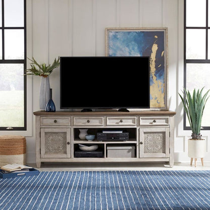Heartland 76 Inch Tile TV Console in Antique White w/ Tobacco Top