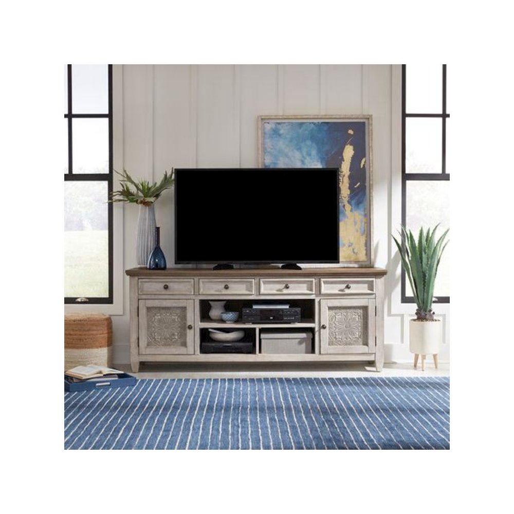 Heartland 76 Inch Tile TV Console in Antique White w/ Tobacco Top