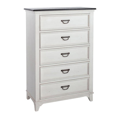 Allyson Park 5 Drawer Chest in Wirebrushed White w/ Charcoal Top