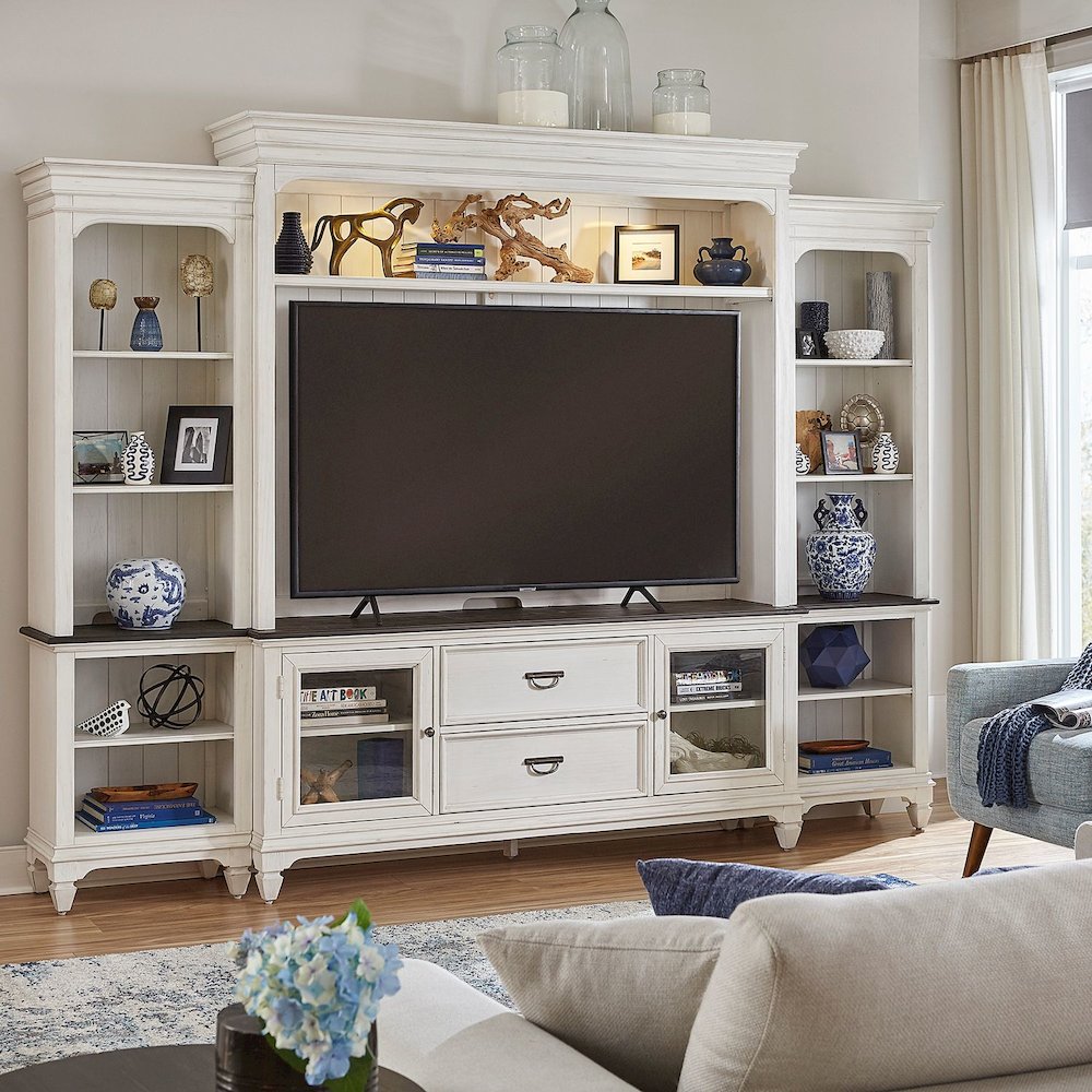Entertainment Center with Piers - Wirebrushed White with Charcoal Tops