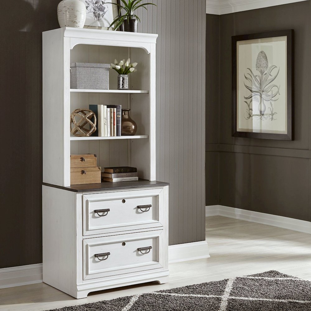 Lateral File Hutch W32" x D15" x H46" Cottage -  White w/ Charcoal Tops
