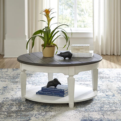 Allyson Park Round Cocktail Table in Wirebrushed White w/ Charcoal Top