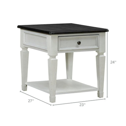 Antique White Wood End Table with Drawer and Bottom Shelf for Living Room