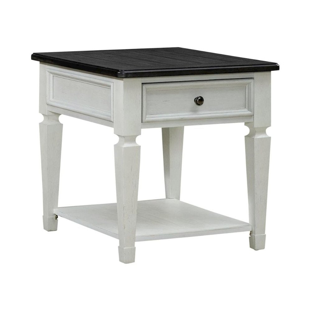 Antique White Wood End Table with Drawer and Bottom Shelf for Living Room