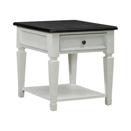 Antique White Wood End Table with Drawer and Bottom Shelf for Living Room