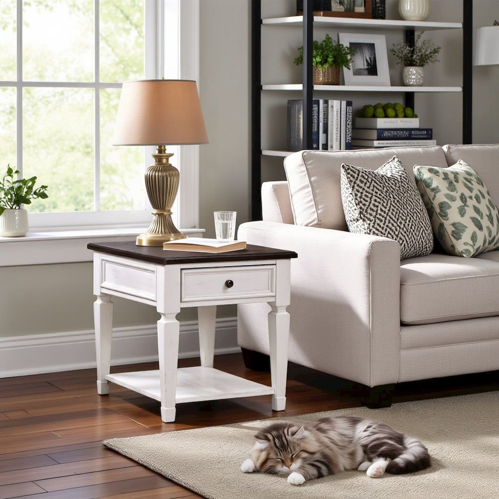 Antique White Wood End Table with Drawer and Bottom Shelf for Living Room