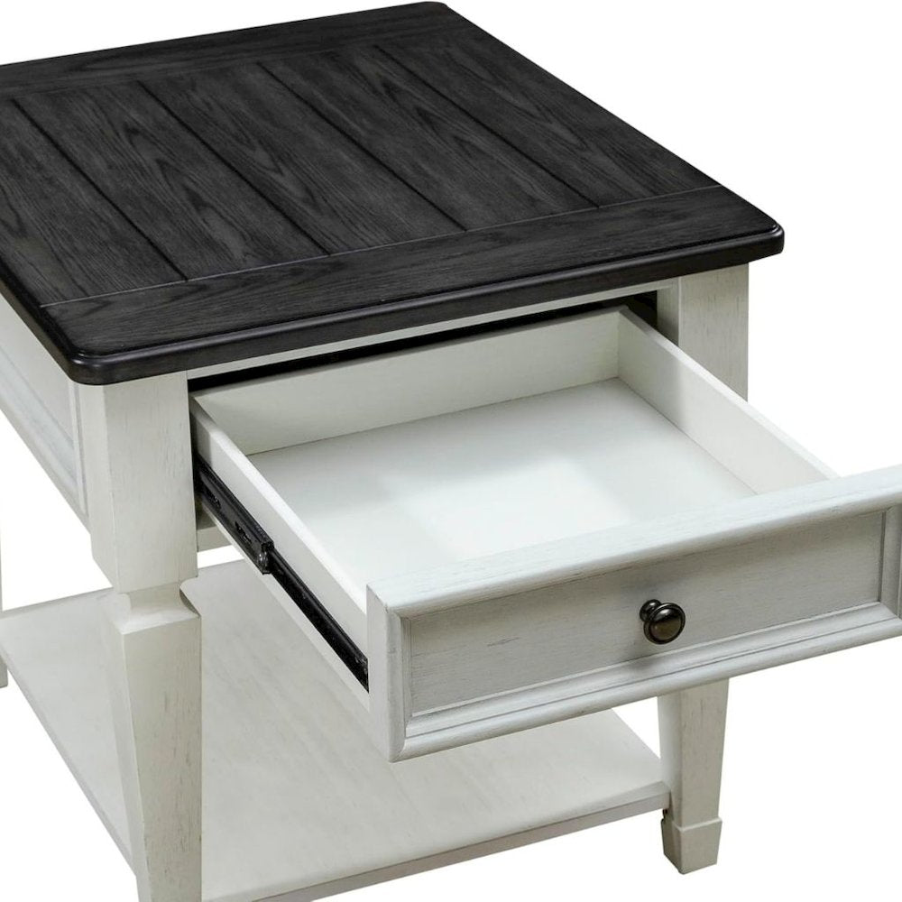 Antique White Wood End Table with Drawer and Bottom Shelf for Living Room