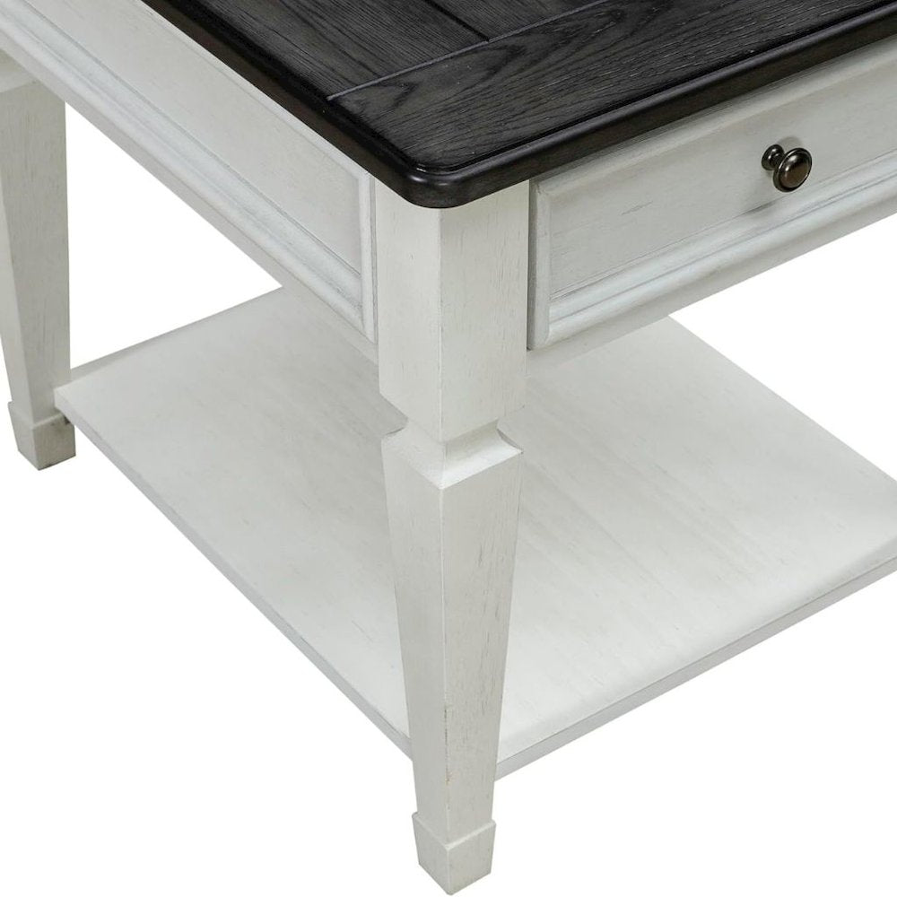 Antique White Wood End Table with Drawer and Bottom Shelf for Living Room