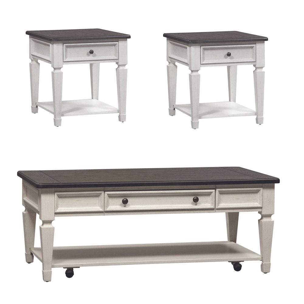 3 Pc Living Room Set Drawer Cocktail Table, 2 End Tables Cottage  White