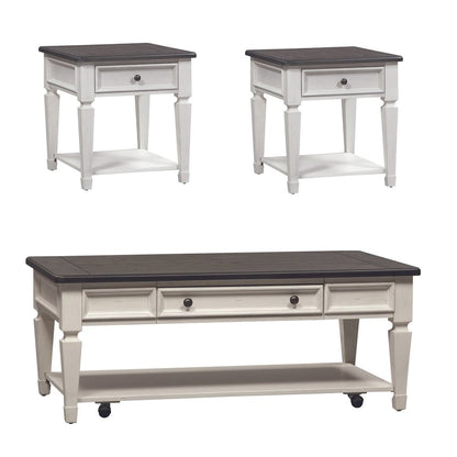 3 Pc Living Room Set Drawer Cocktail Table, 2 End Tables Cottage  White