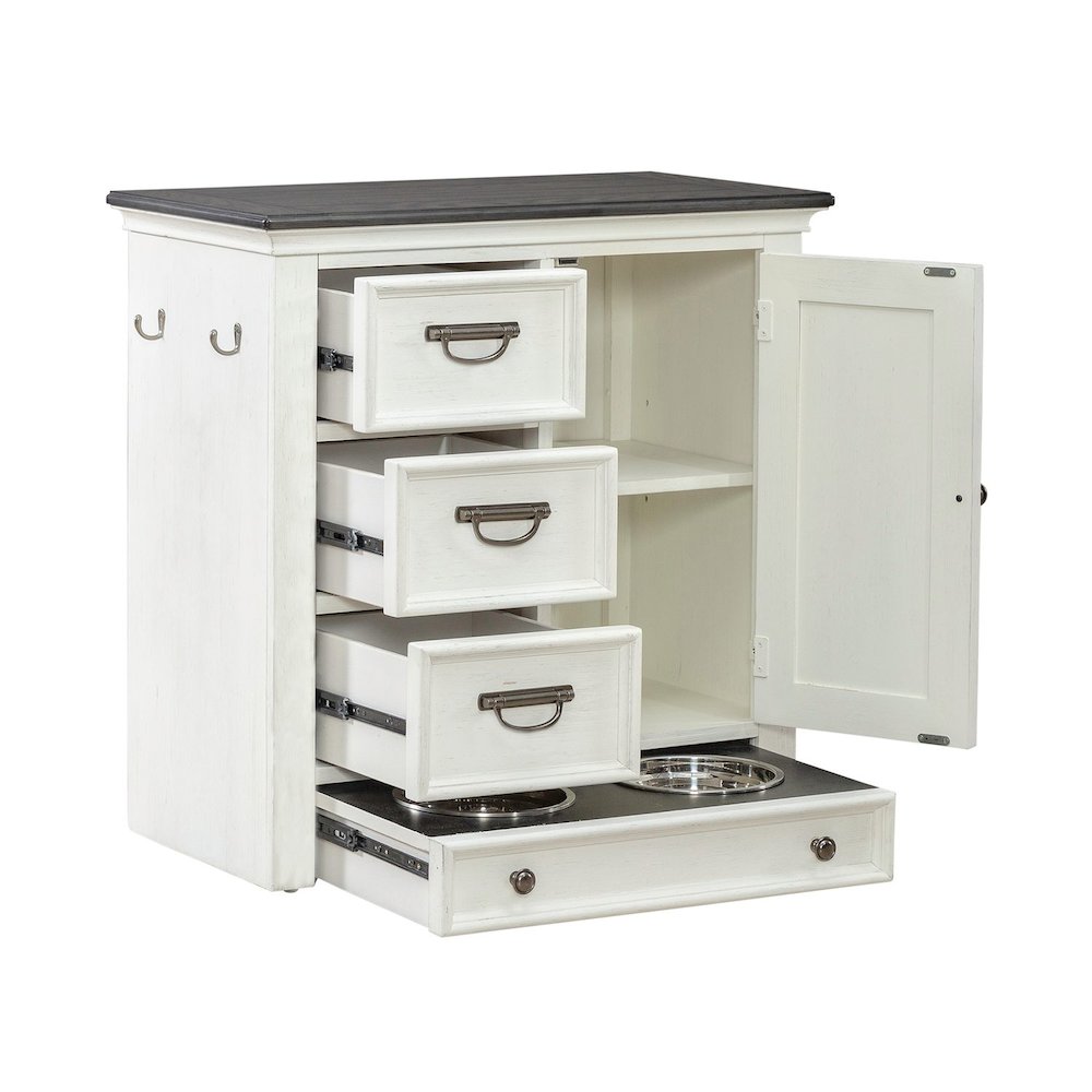 Cabinet Cottage Home Storage Pet Food Bowl Drawer - White w/ Charcoal Tops