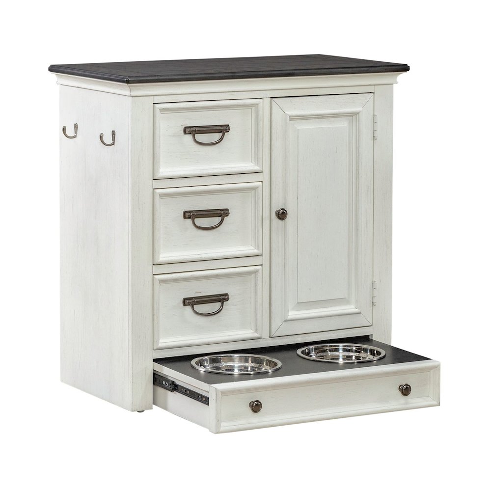 Cabinet Cottage Home Storage Pet Food Bowl Drawer - White w/ Charcoal Tops