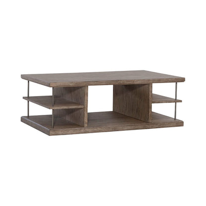 City Scape Metal Accent Oak Wood Cocktail Table for Living Room Burnished Beige