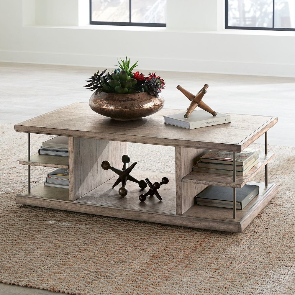 City Scape Metal Accent Oak Wood Cocktail Table for Living Room Burnished Beige