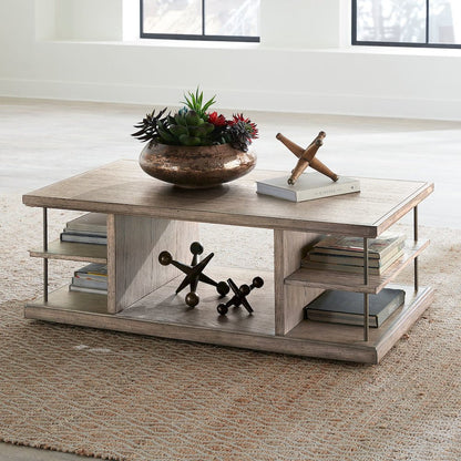 City Scape Metal Accent Oak Wood Cocktail Table for Living Room Burnished Beige