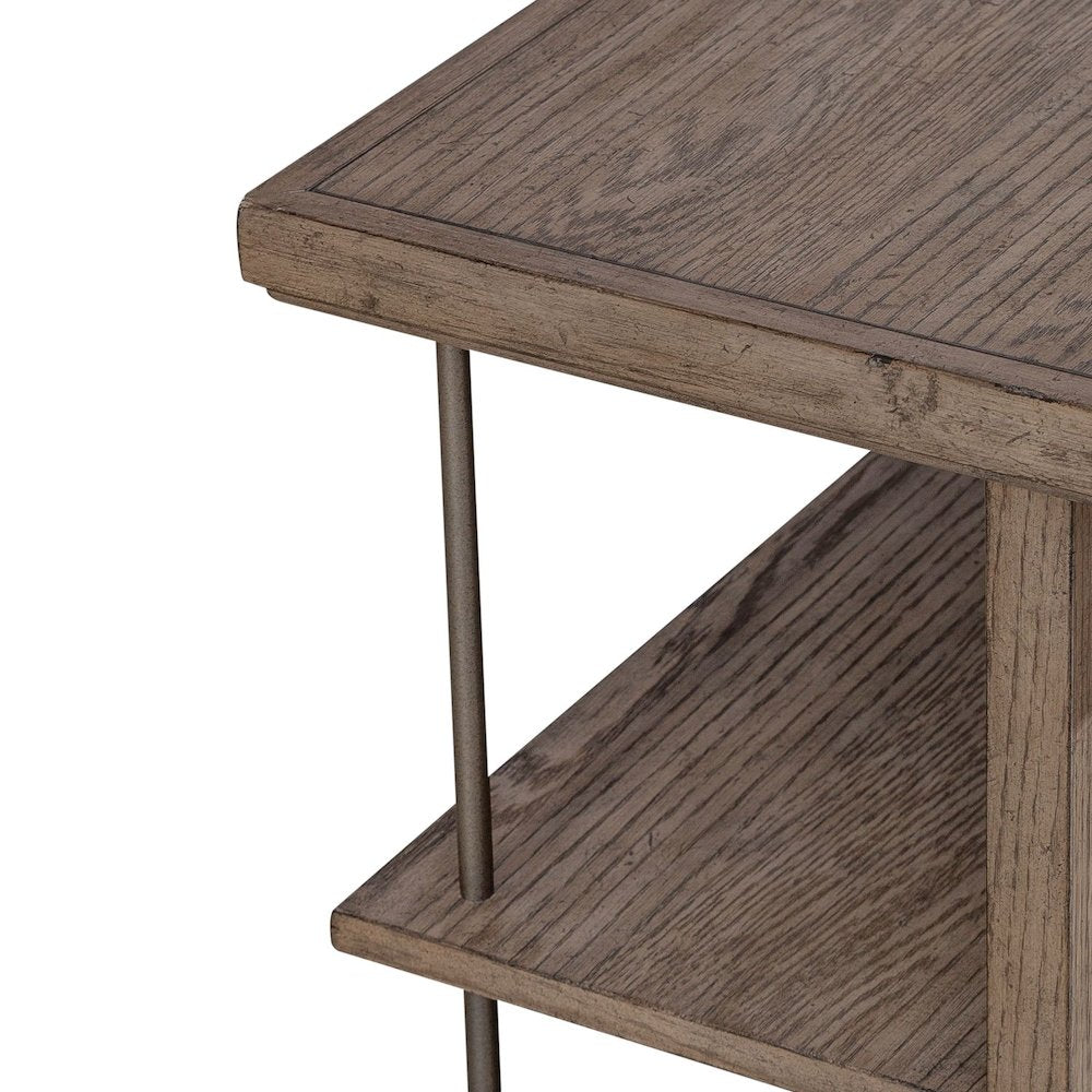 City Scape Metal Accent Oak Wood End Table for Living Room Burnished Beige