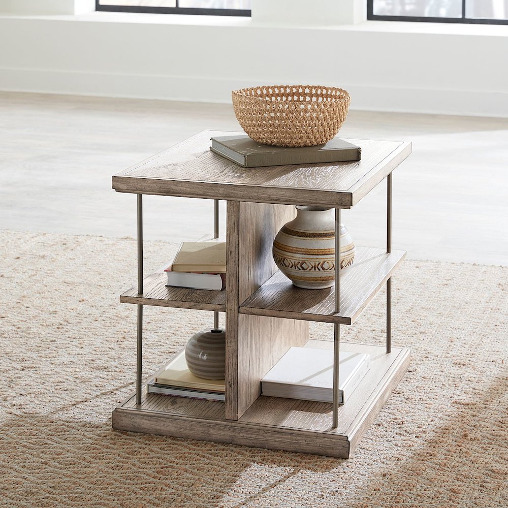 City Scape Metal Accent Oak Wood End Table for Living Room Burnished Beige