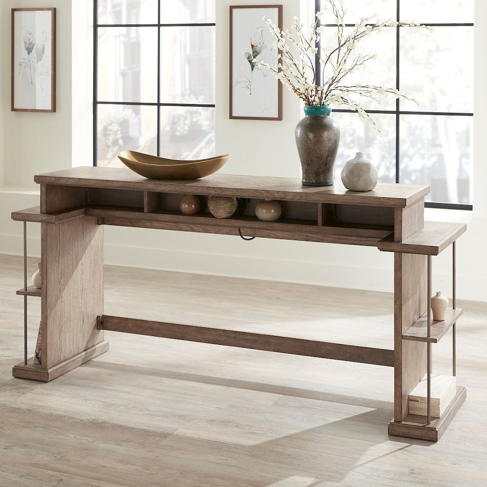City Scape Metal Accent Oak Wood Console Bar Table for Living Room, Beige