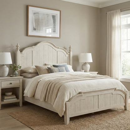 King Poster Headboard Antique White Chestnut Top Solid Wood Farmhouse Design